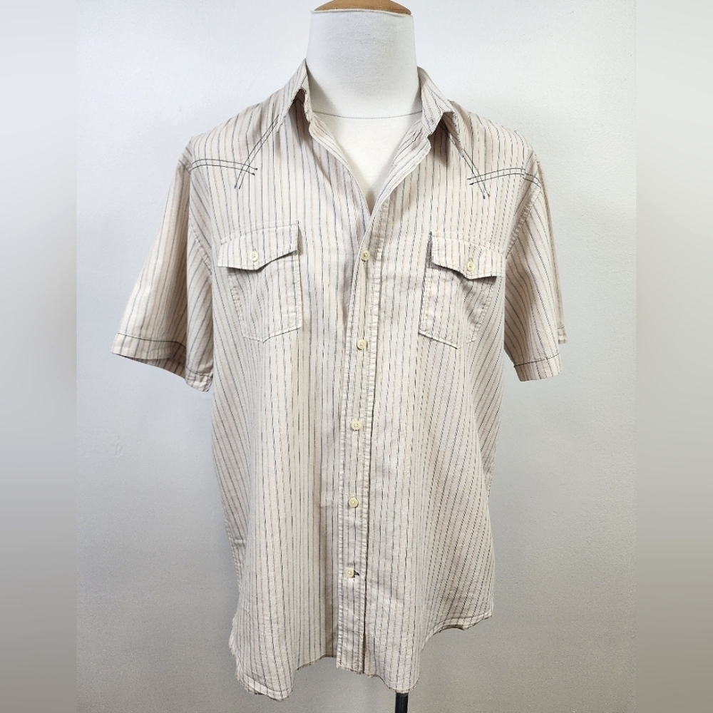 Rewire Men's Beige Striped Shirt Short Sleeve Retro, sz XL